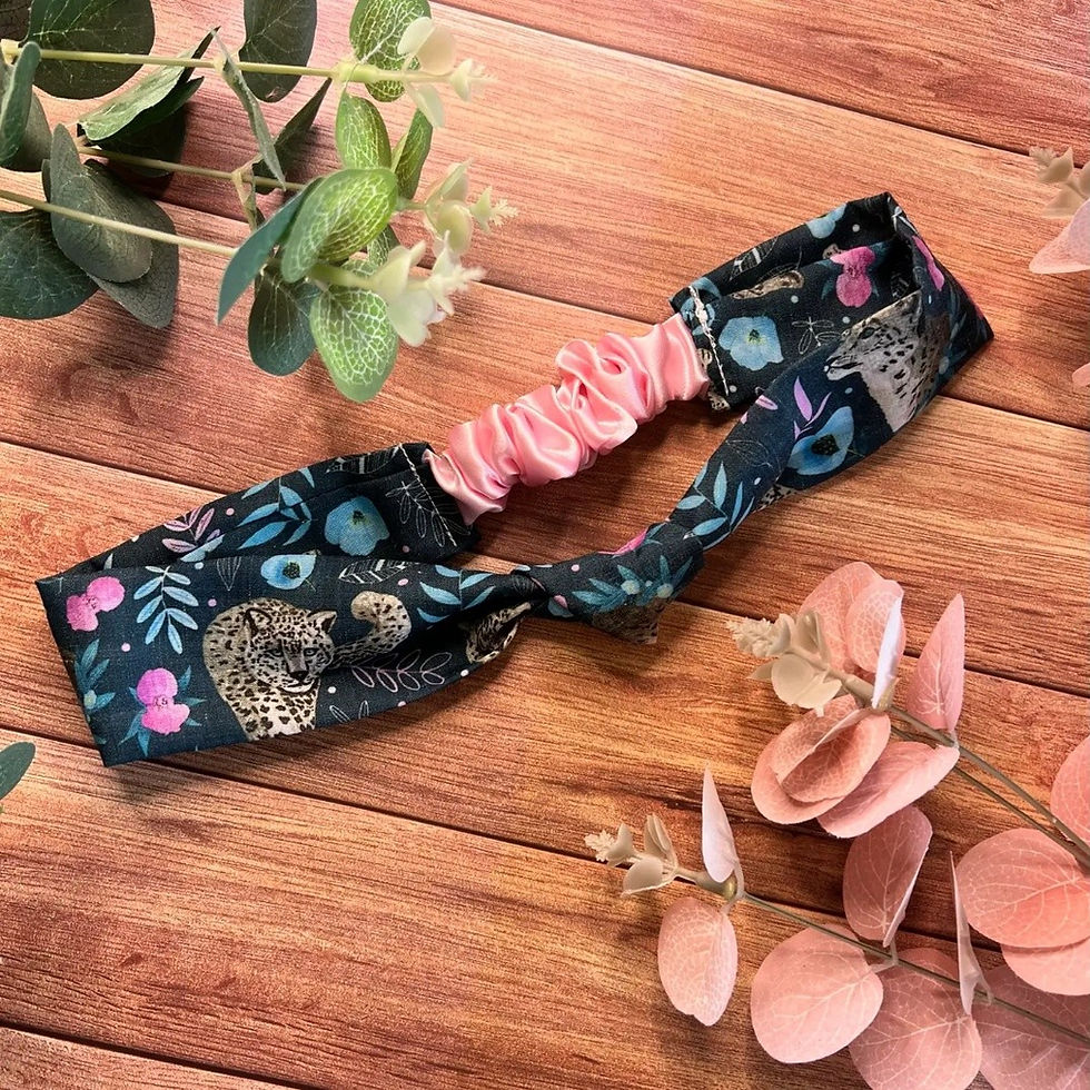 Snow leopard themed printed headband with pink elastic headband